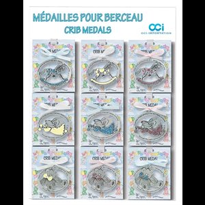Display of 27 Pewter Crib Medals, 2½" x 2", F